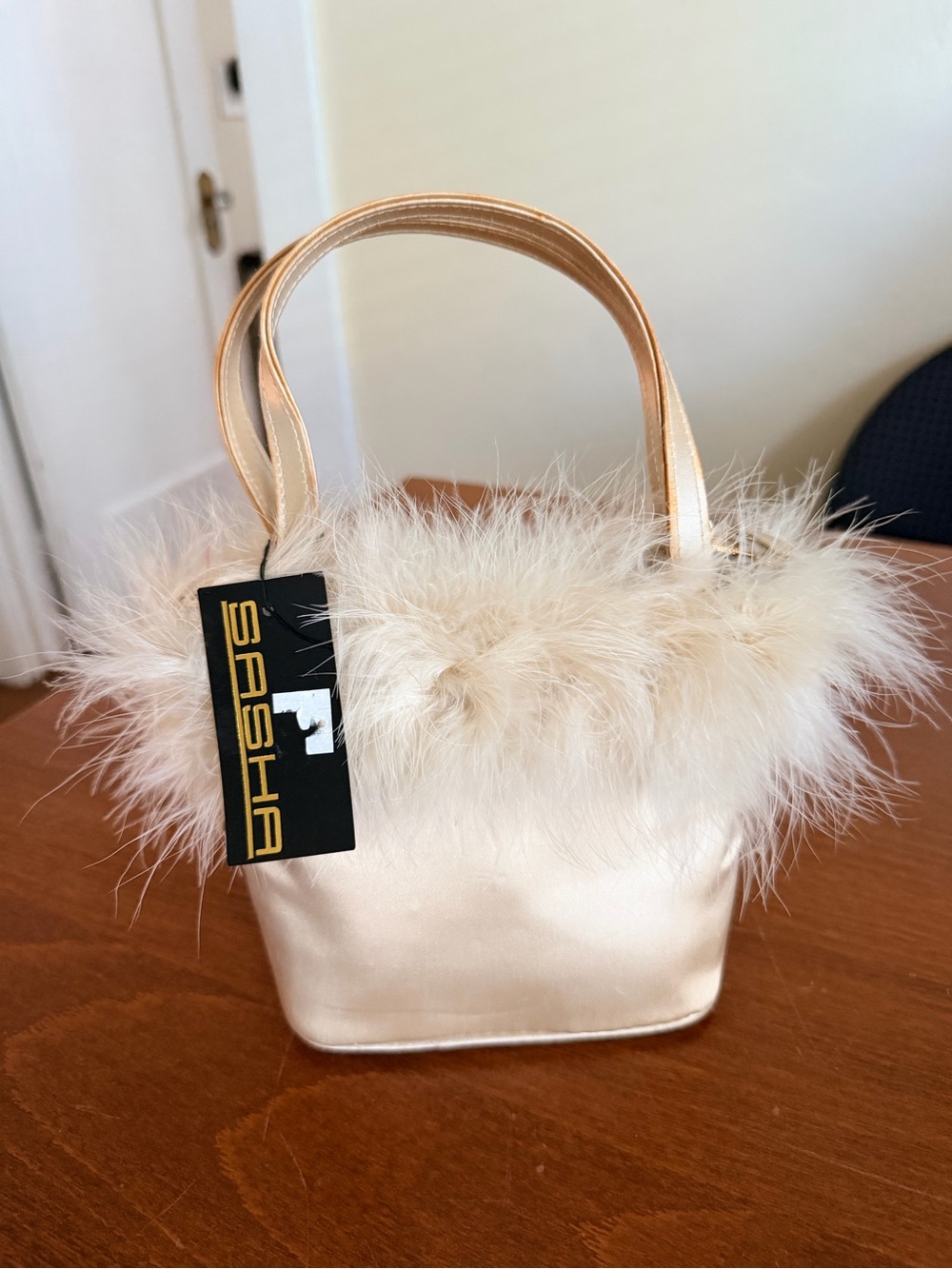 Sasha Cream Satin Mini Feather-Trim Handbag